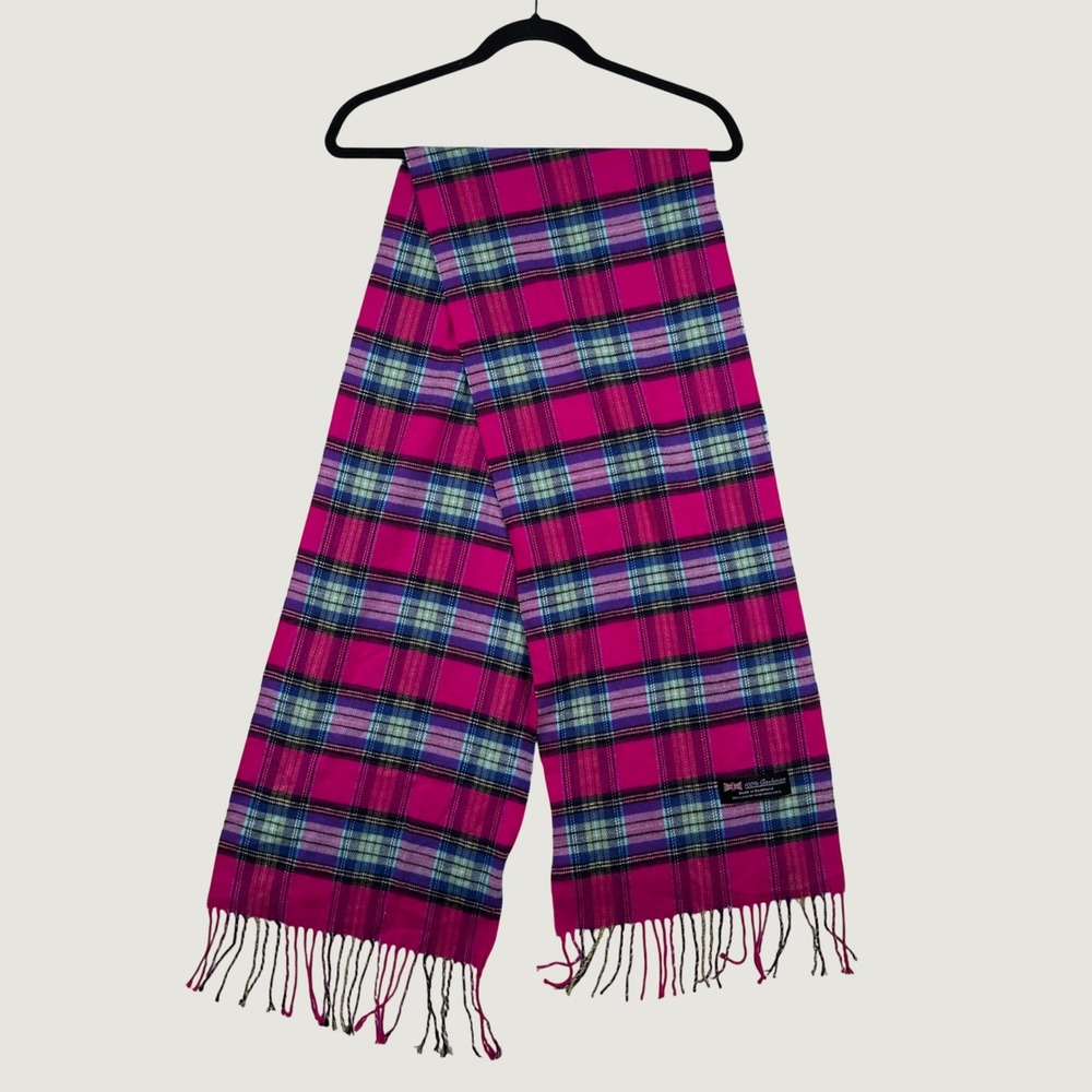 100% Cashmere Scarf Made in Scotland Pink Tartan Plaid Fringe Winter Wrap Preppy